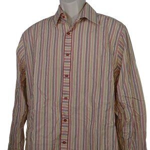 Joseph Bach Orange Rust Multicolor Stripe Long Sleeve Button Up Shirt Men Size L
